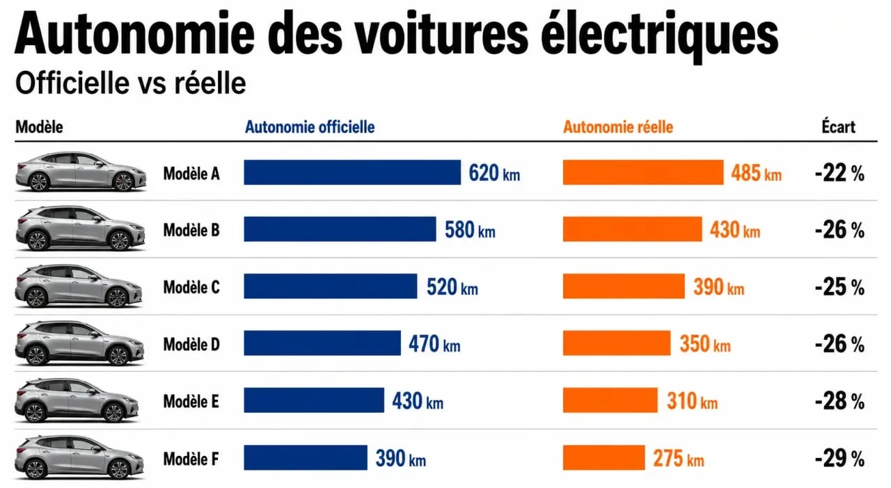 Tableau autonomie voiture électrique comparant Lucid Air, Mercedes EQS, Tesla Model S et Hyundai IONIQ 5
