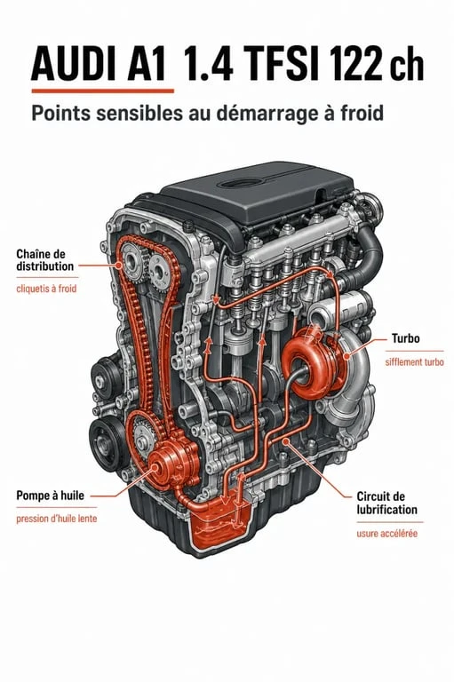 Audi A1 1.4 TFSI 122 problème : schéma des zones sensibles du moteur, chaîne de distribution, pompe à huile et turbo