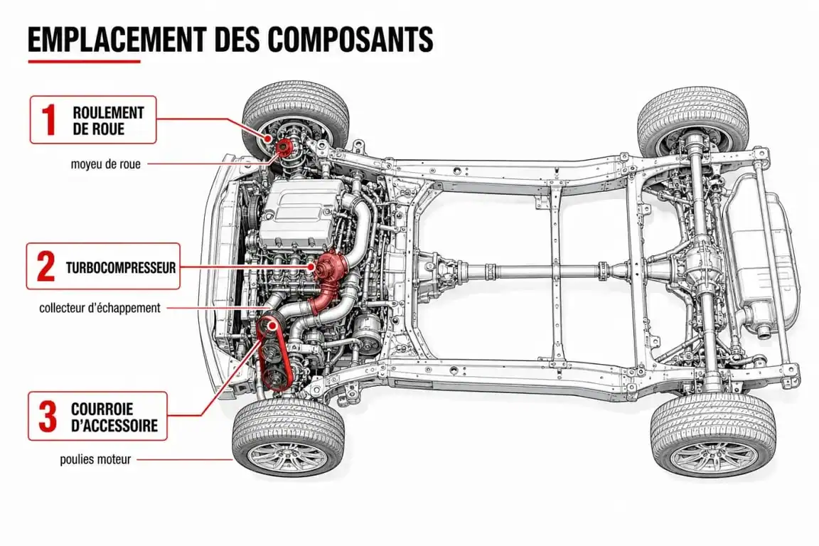 Schéma des composants mécaniques pouvant causer un bruit d'avion lors de l'accélération d'une voiture