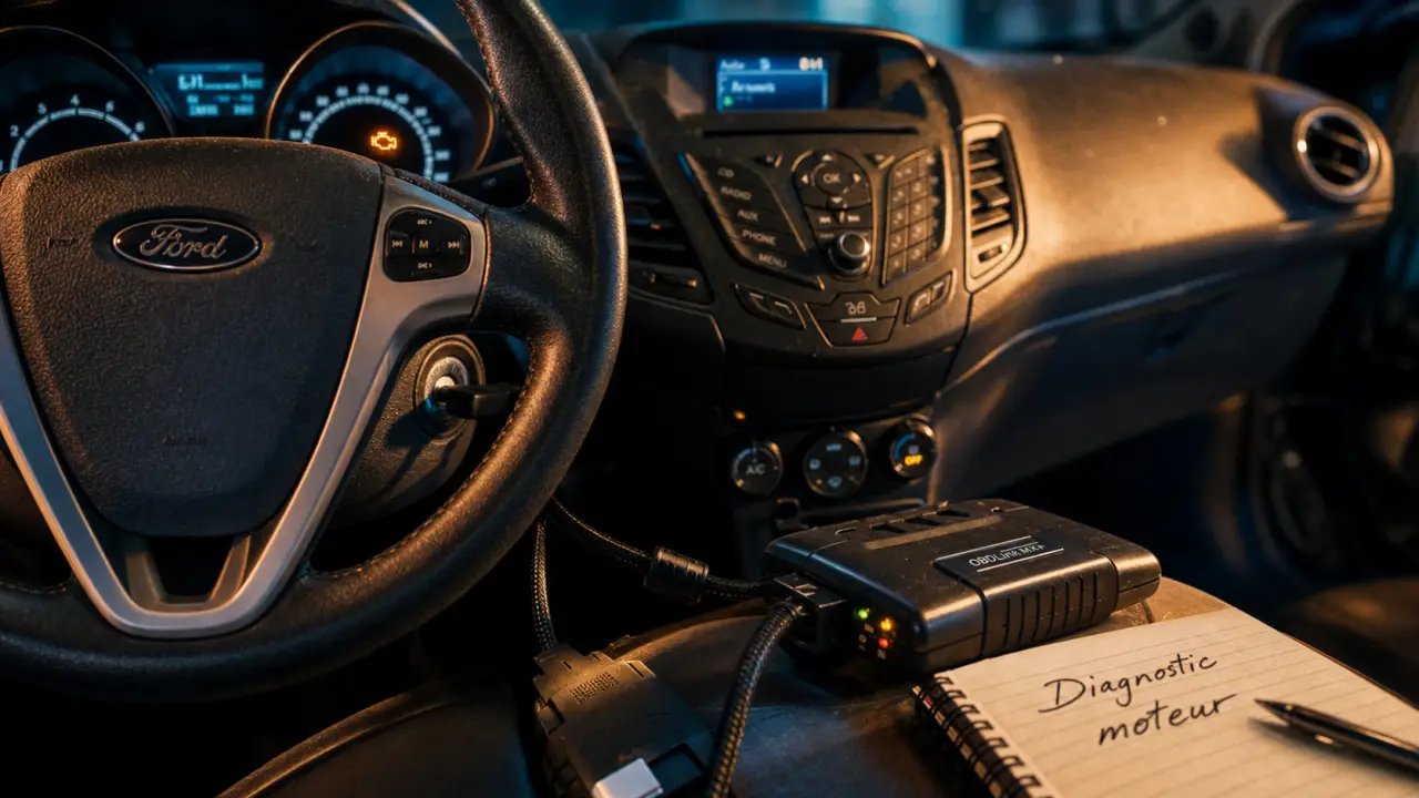 Ford Fiesta voyant moteur orange fixe, diagnostic OBD sous le volant