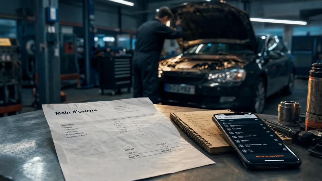 Main d'oeuvre garage : tarifs 65 à 127 € de l’heure, facture au garage