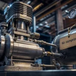 Moteur à air comprimé en atelier industriel, raccordé à un réservoir sous pression.