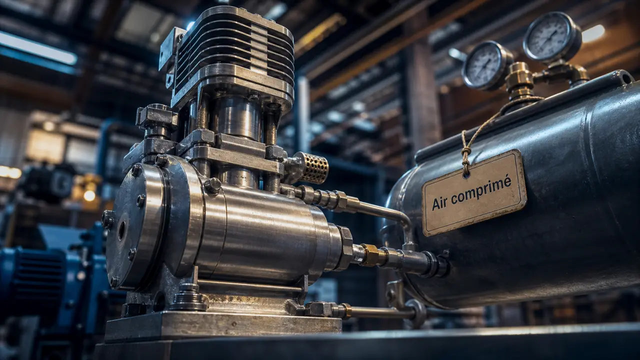 Moteur à air comprimé en atelier industriel, raccordé à un réservoir sous pression.