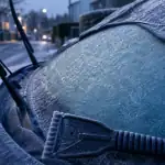 Pare brise gelé dehors, givre et dégivrage rapide