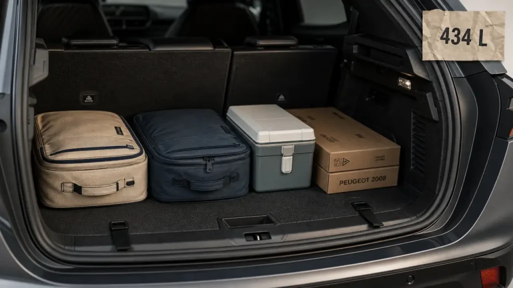 Coffre Peugeot 2008 volume 434 L, banquette rabattue