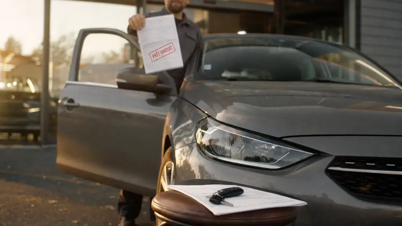 Véhicule de courtoisie prêt à usage gratuit devant un garage, clés et formulaire PRÊT GRATUIT.