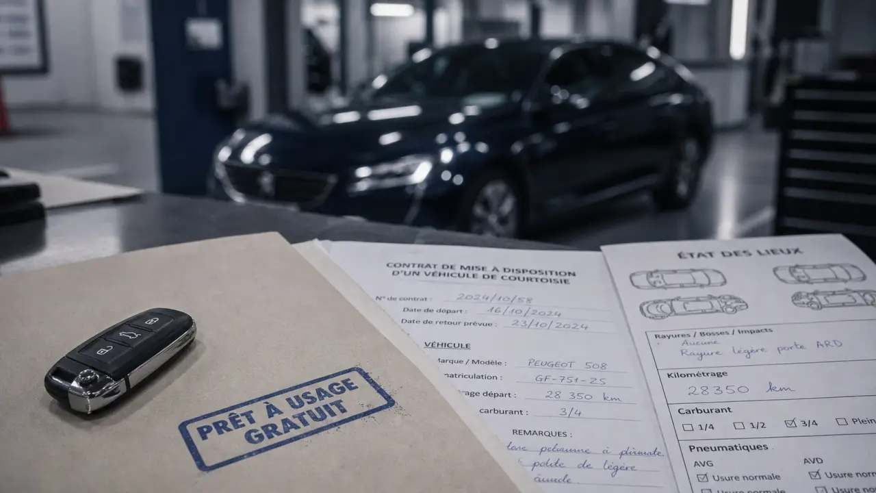 Véhicule de courtoisie prêt à usage gratuit : clés, contrat, état des lieux et assurance