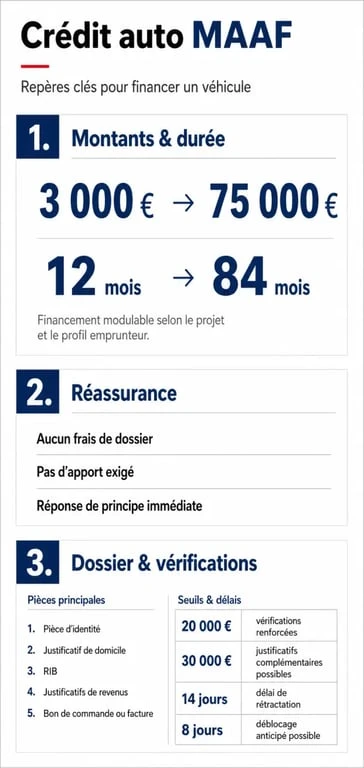 Infographie sur le crédit maaf auto avec montants, durée, documents et délais clés