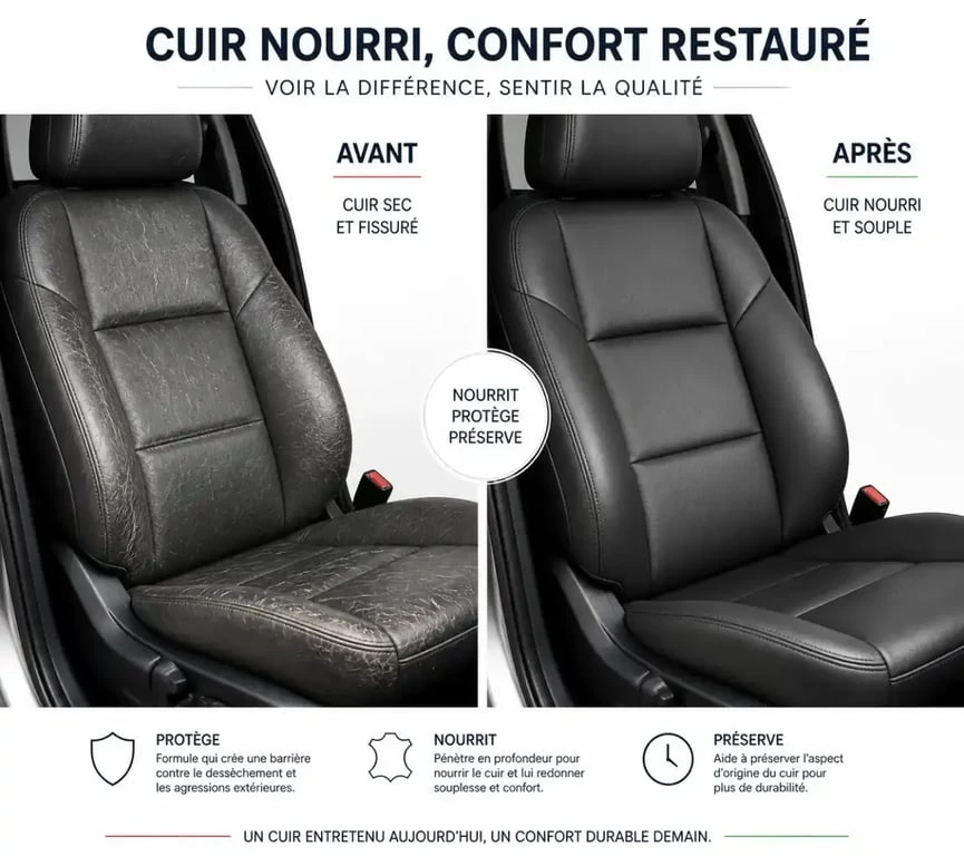 Comparaison avant après entretien cuir auto pour illustrer la restauration de la souplesse