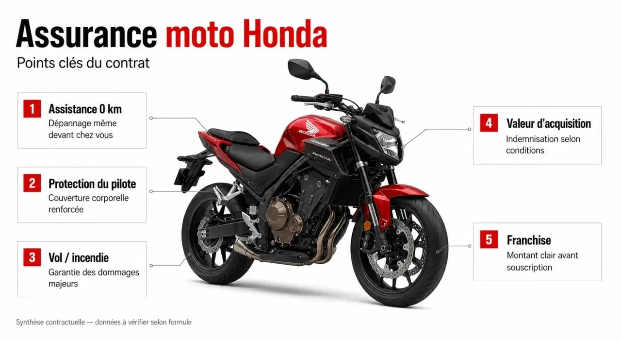 Assurance moto Honda : visuel éditorial des garanties, assistance 0 km et protection du pilote