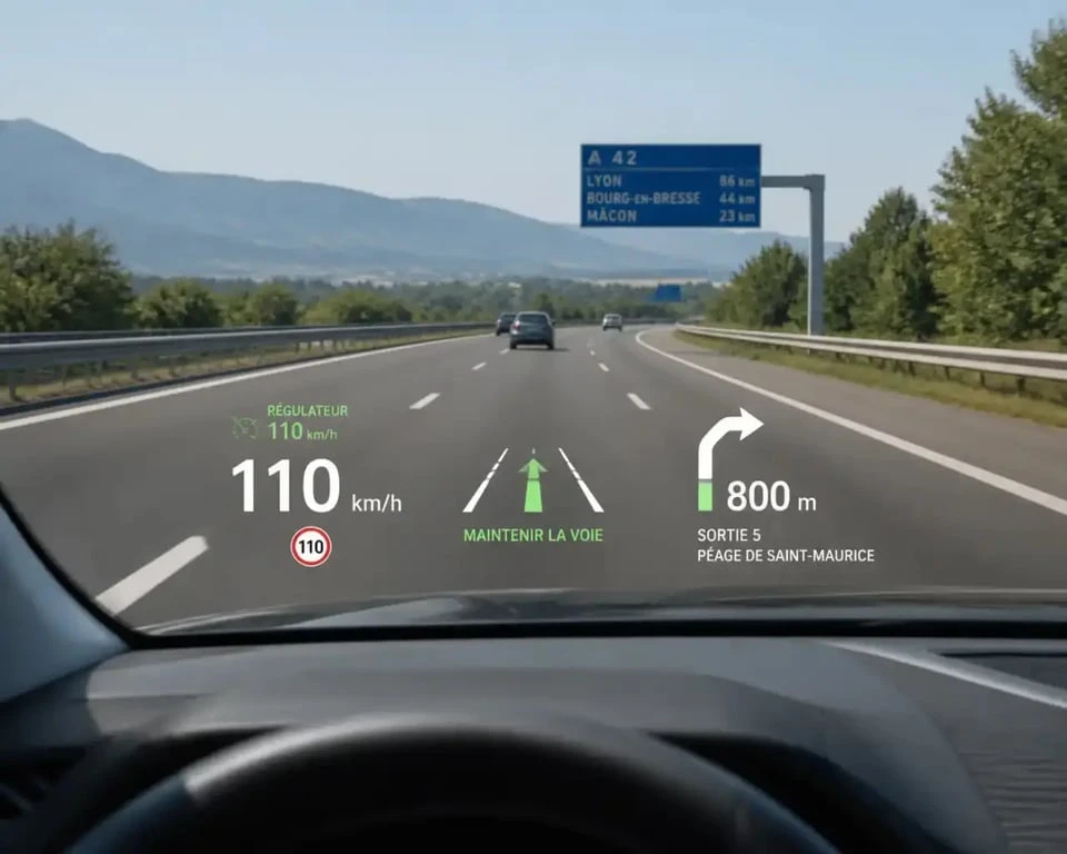 Affichage tête haute HUD d'un speedometer GPS sur pare-brise de voiture