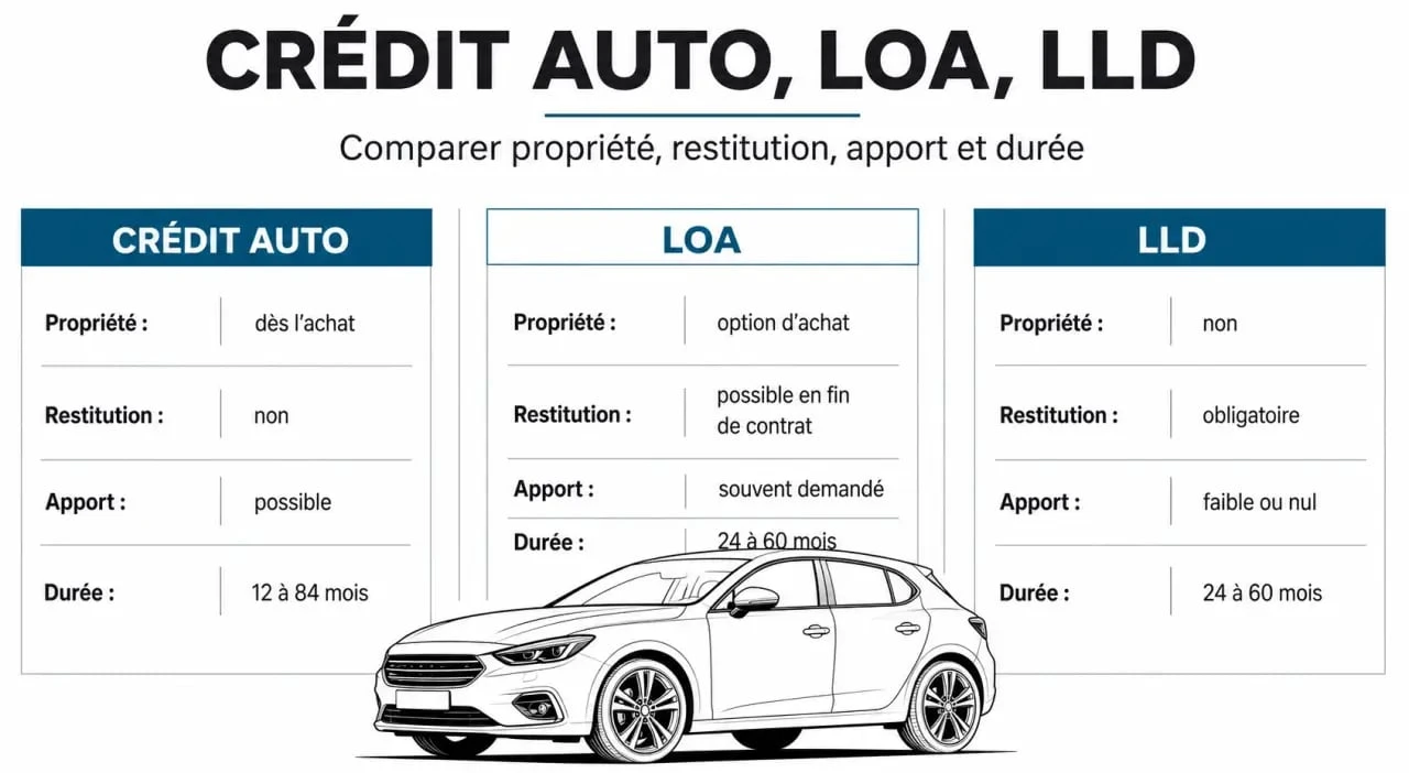 catalogue crédit mutuel auto : comparaison visuelle entre crédit auto, LOA et LLD