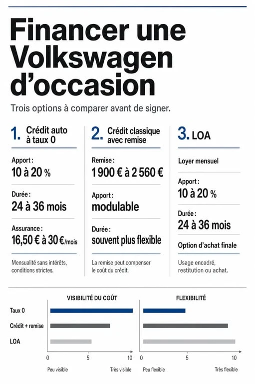 Crédit auto taux 0 Volkswagen occasion : comparaison visuelle des options de financement et du coût total