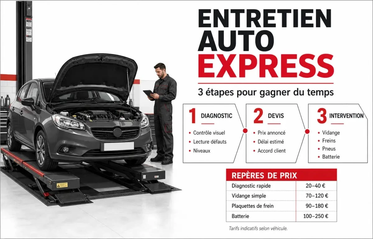 Entretien auto express dans un atelier avec diagnostic rapide, devis et prestations affichées