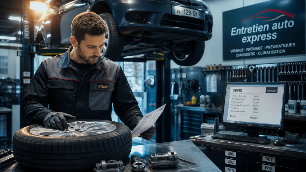 Entretien auto express : mécanicien diagnostic roue et devis en atelier
