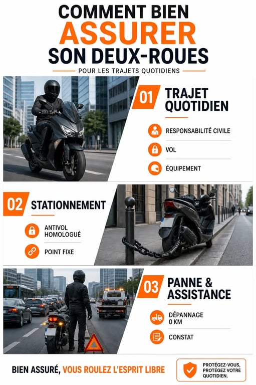 Comment bien assurer son deux-roues pour les trajets quotidiens : illustration éditoriale des risques de vol, d’accident et de panne en ville