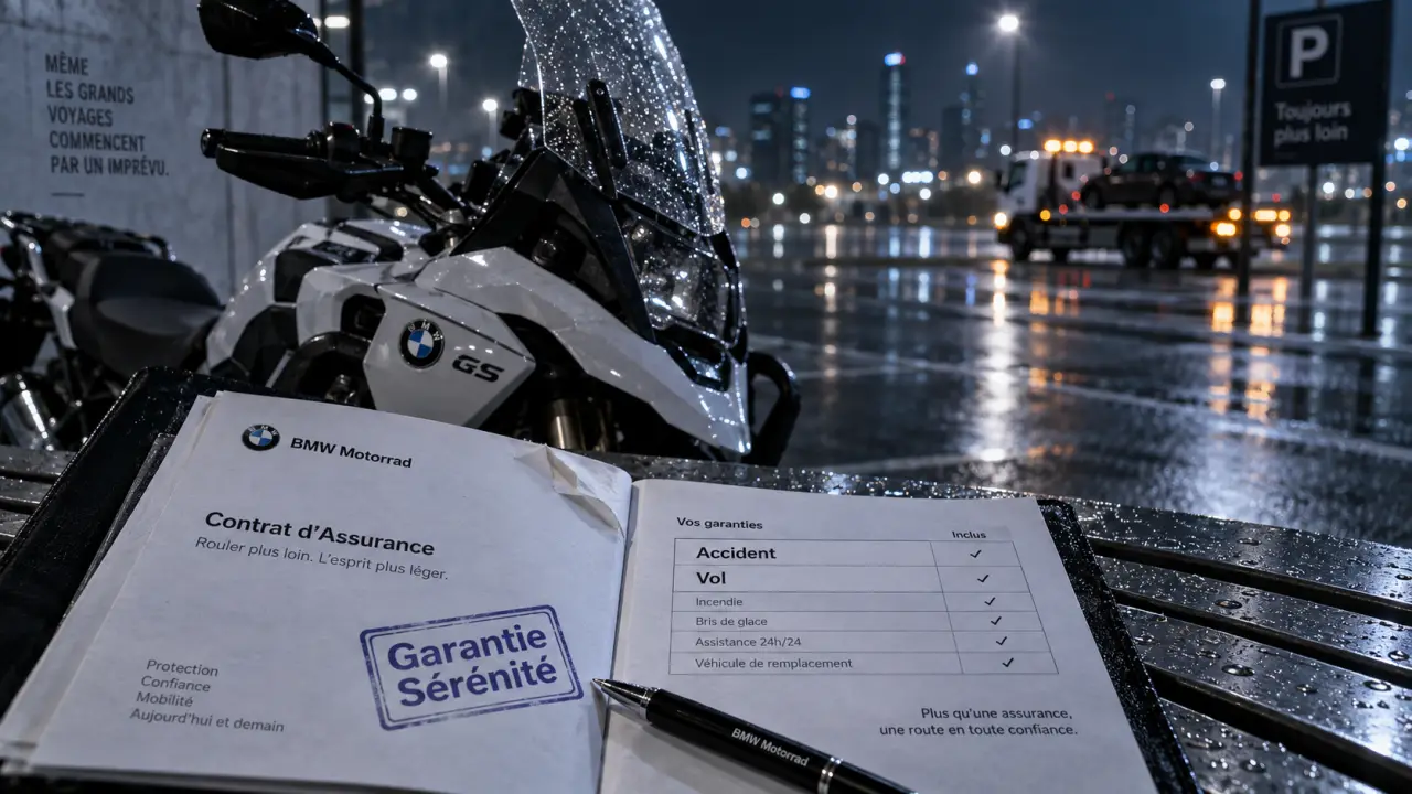 bmw assurance moto : dossier d’assurance et BMW Motorrad sur parking