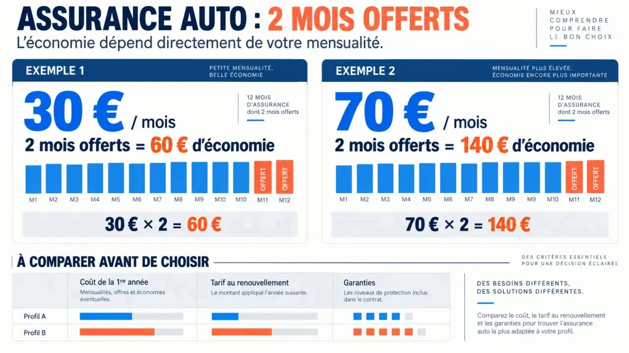 Assurance auto pas cher 2 mois offert : exemple d'économie de 60 € ou 140 € selon la cotisation mensuelle