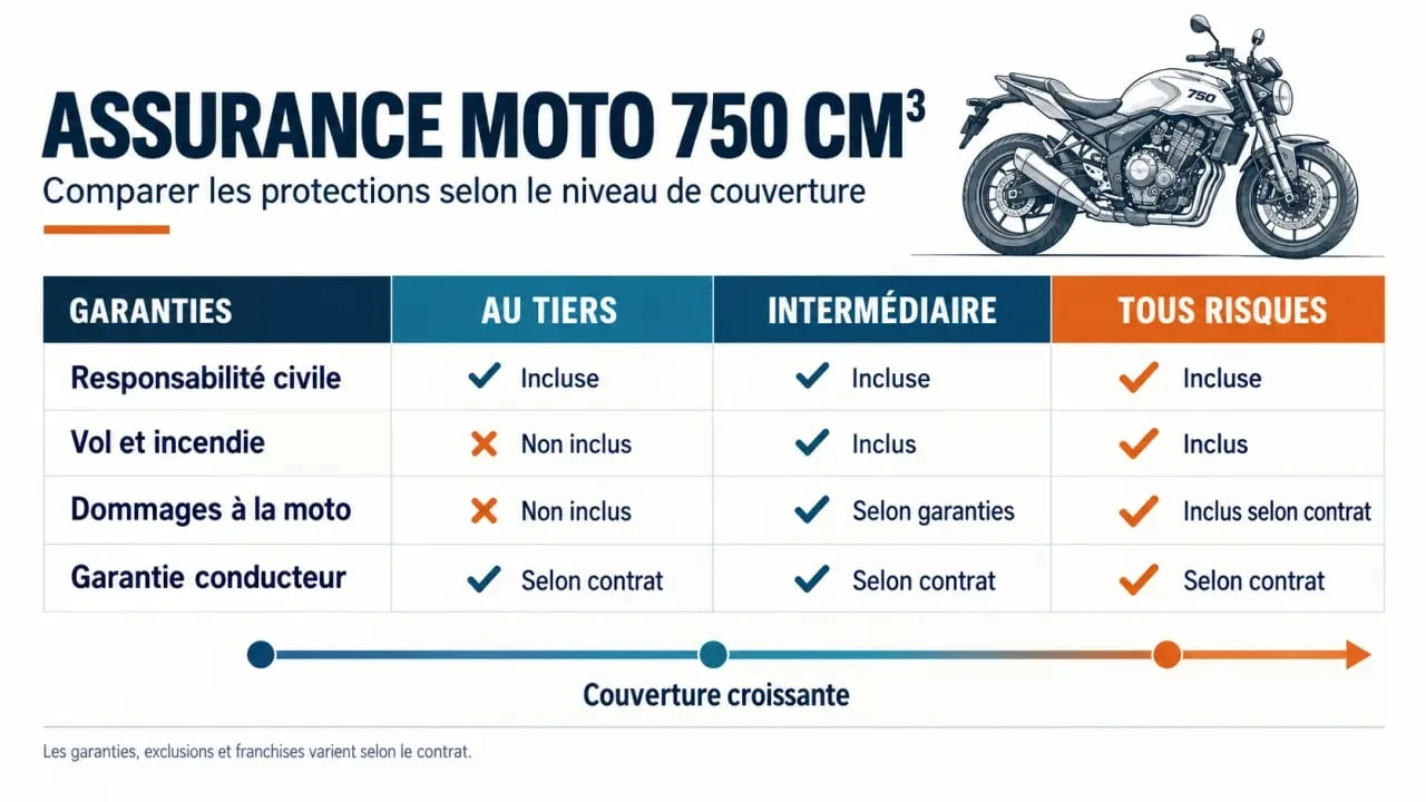 Infographie comparative des garanties d’une assurance moto 750 cm3 au tiers, intermédiaire et tous risques