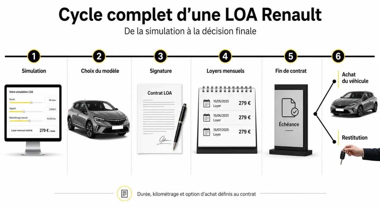 Simulation LOA Renault : frise des étapes de la simulation à la restitution ou à l’achat