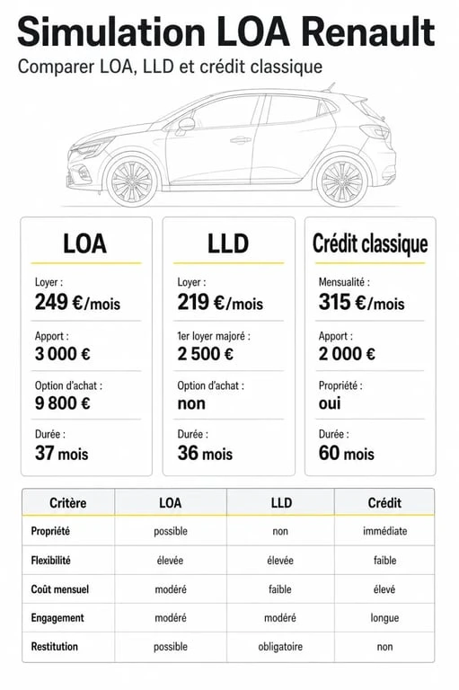 Simulation LOA Renault : comparaison visuelle entre LOA, LLD et crédit classique