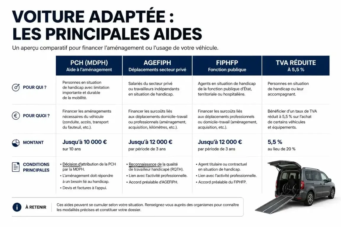 Aide achat voiture personne handicapée : comparatif visuel des aides PCH, Agefiph, FIPHFP et TVA réduite
