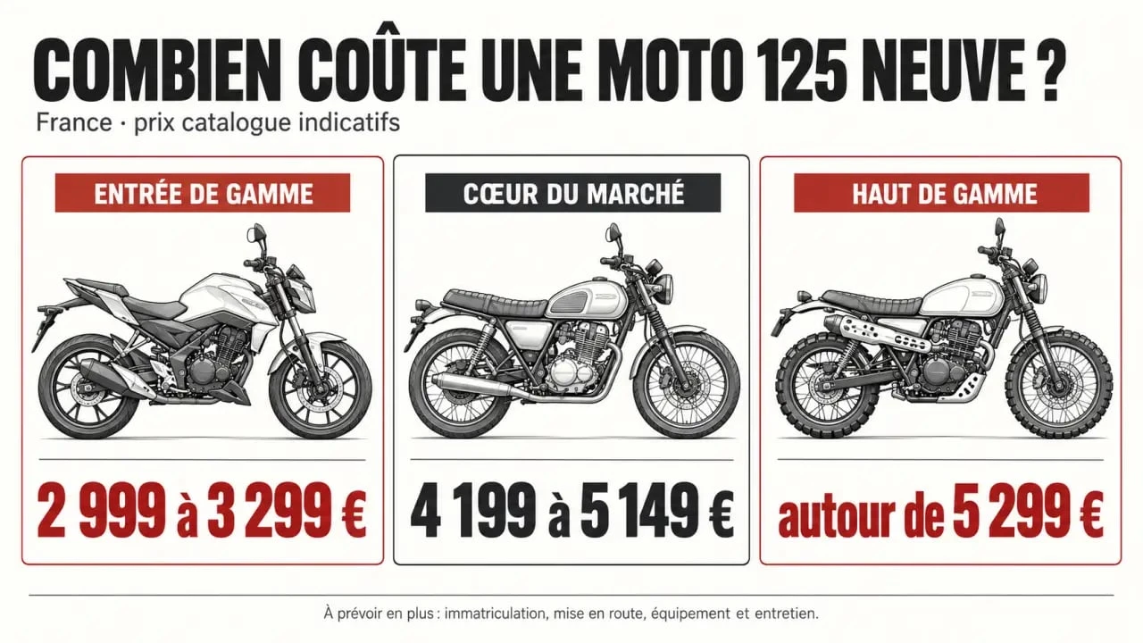 Infographie du prix d'une moto 125 neuve selon les niveaux de budget