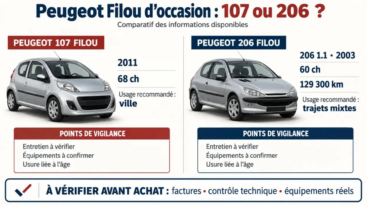 Infographie comparative pour l'achat d'une voiture Filou : Peugeot 107 et 206 d'occasion