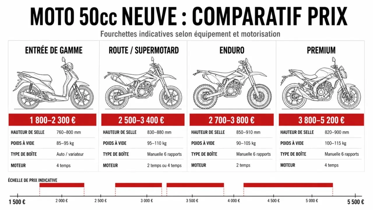 moto 50cc neuve prix : comparatif visuel des prix, hauteur de selle, poids et boîte
