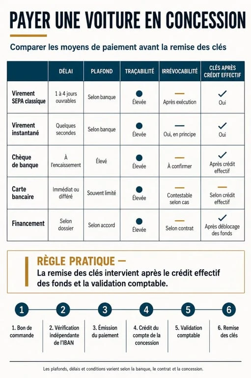 Infographie sur le virement bancaire pour l’achat d’une voiture chez un concessionnaire et les autres moyens de paiement