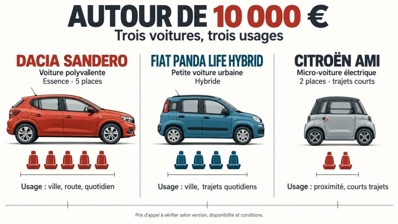 Voiture neuve 10000 euros : comparaison entre Dacia Sandero, Fiat Panda Hybrid et Citroën Ami