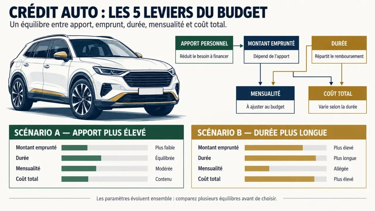 Crédit Mutuel credit auto : schéma des effets de l’apport et de la durée sur la mensualité
