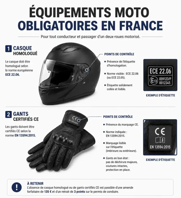 Infographie des équipements moto obligatoires en France : casque homologué et gants certifiés