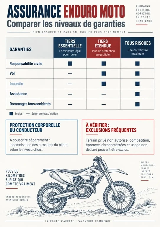 Infographie comparative sur l’assurance enduro moto au tiers, tiers étendue et tous risques