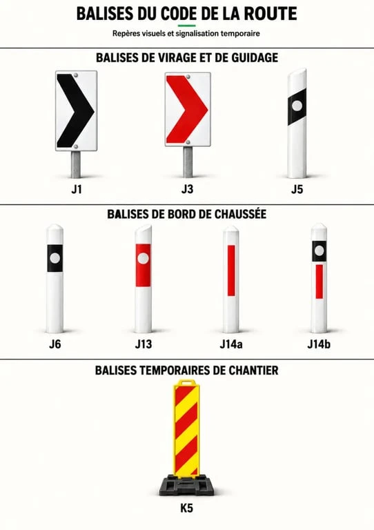 Infographie des balises du code de la route J1 J3 J5 J6 J13 J14 et K5