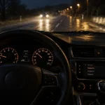 Feux code de la route : voiture la nuit, sans éblouir sur route mouillée