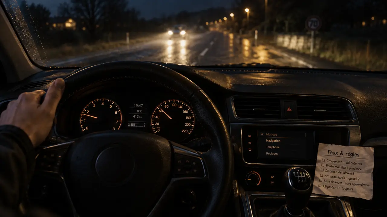 Feux code de la route : voiture la nuit, sans éblouir sur route mouillée