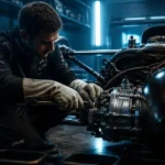 mecanicien sport automobile en atelier, réparation de monoplace