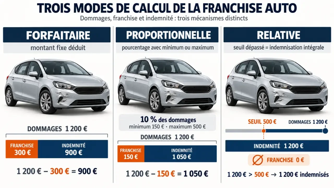 Infographie sur la franchise assurance auto forfaitaire proportionnelle et relative