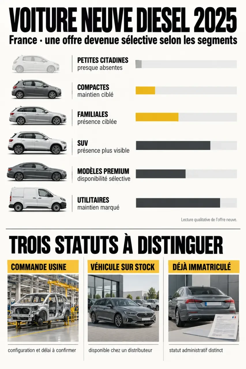 Voiture neuve diesel 2025 en France : disponibilité selon les segments et statut de vente