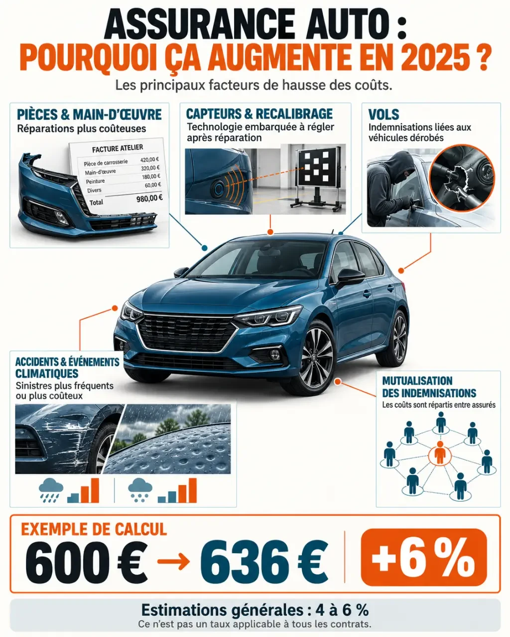 Infographie sur l’augmentation de l’assurance auto 2025 et les facteurs qui font varier la cotisation